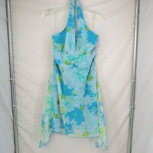 Rampage Clothing Co Junior Blue Floral Halter Dress Handkerchief Hem Size 13